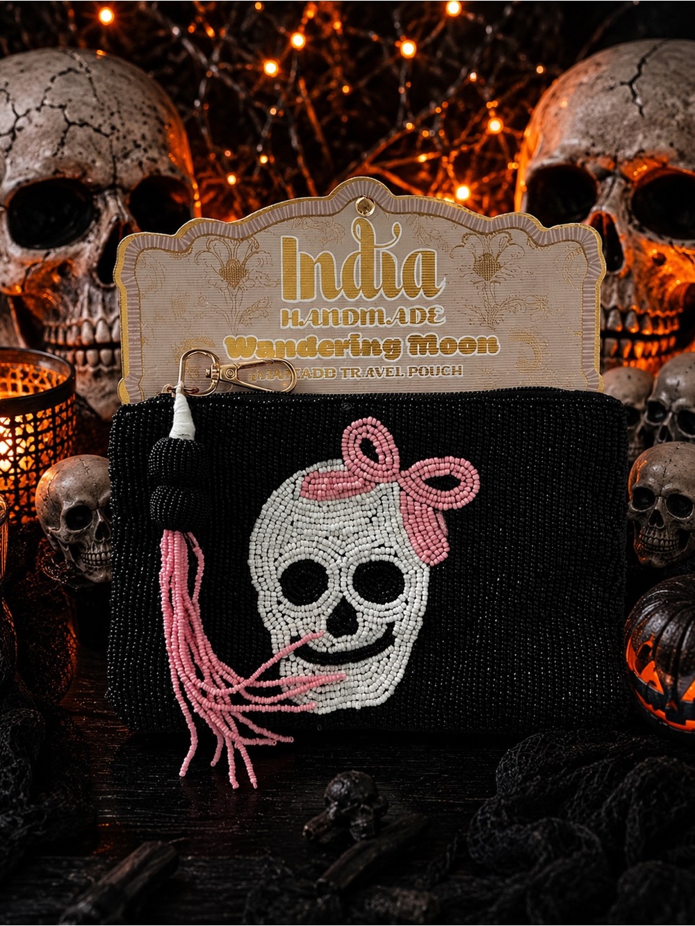 Wandering Moon Black Beaded Skull Pouch with Pink Accent & tassels NWT